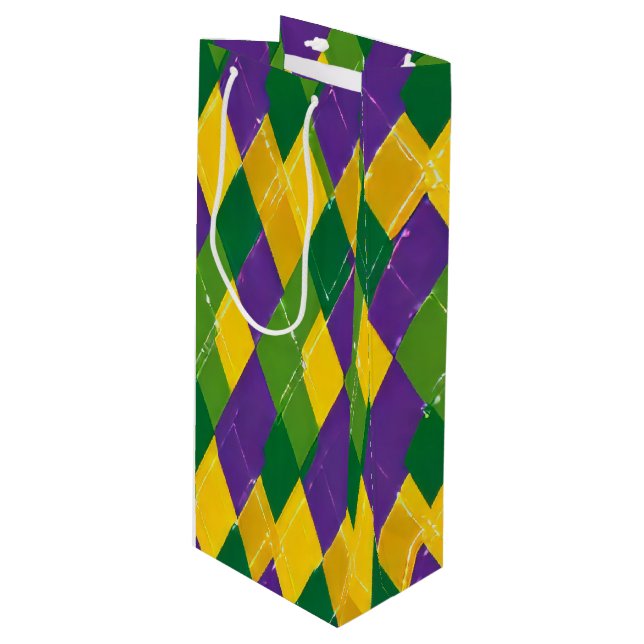 PURPLE GREEN YELLOW MARDI GRAS DIAMOND PATTERN WINE GIFT BAG (Front Angled)