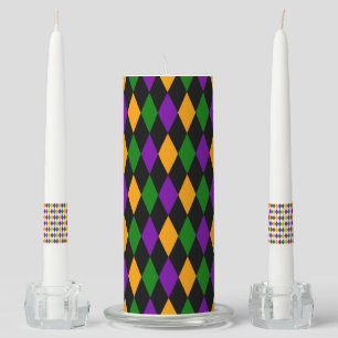 PURPLE GREEN YELLOW MARDI GRAS DIAMOND PATTERNS UNITY CANDLE SET