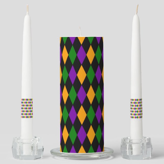 PURPLE GREEN YELLOW MARDI GRAS DIAMOND PATTERNS UNITY CANDLE SET (Front)