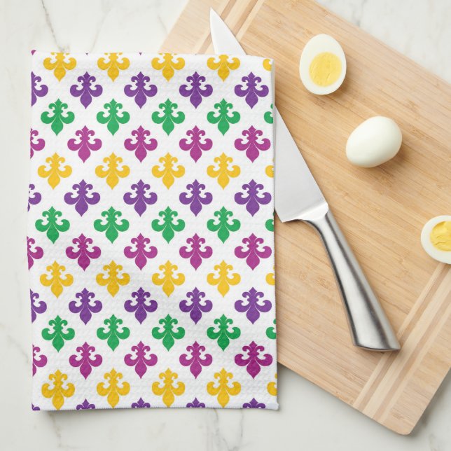 PURPLE GREEN YELLOW MARDI GRAS FLEUR DI LIS KITCHEN TOWEL (Quarter Fold)