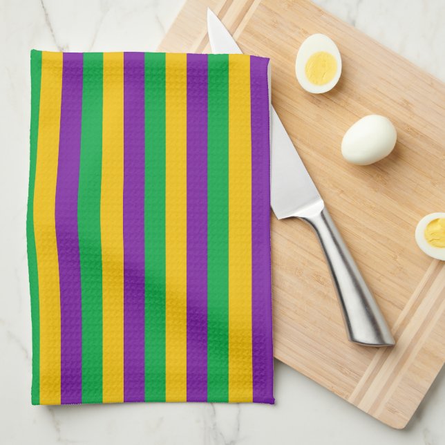 PURPLE GREEN YELLOW MARDI GRAS STRIPES KITCHEN TOWEL (Quarter Fold)