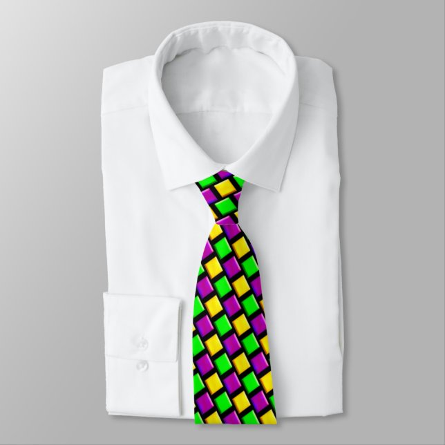 Purple Green Yellow Pattern Black Mardi Gras Neck Tie (Tied)