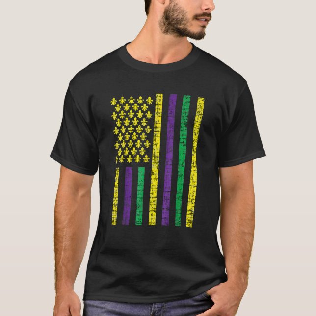 Purple Green Yellow Us Flag Jester Funny Mardi Gra T-Shirt (Front)