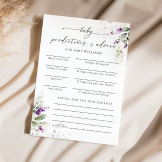 Purple Greenery Baby Shower Predictions Card