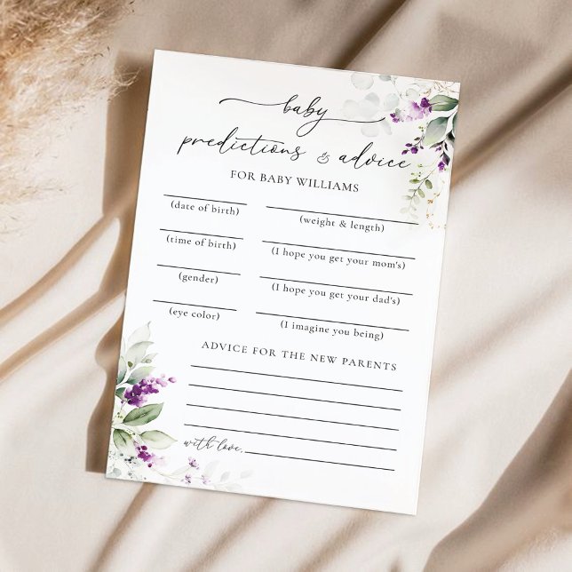 Purple Greenery Baby Shower Predictions Card (Creator Uploaded)
