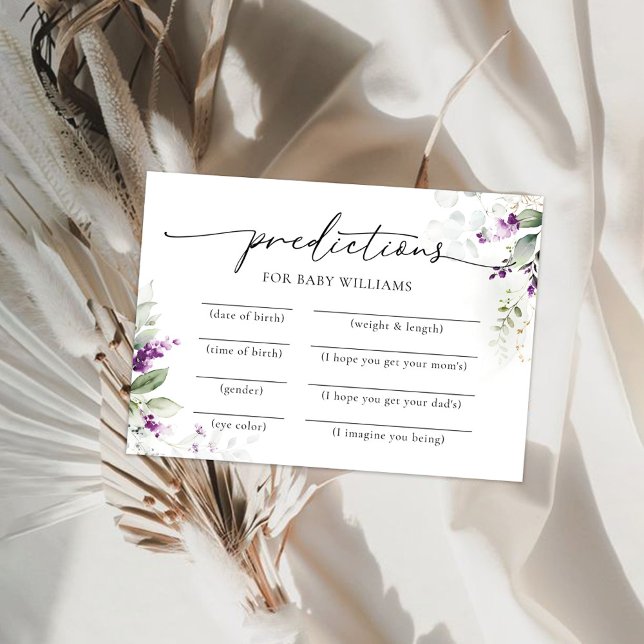 Purple Greenery Baby Shower Predictions Card (Creator Uploaded)