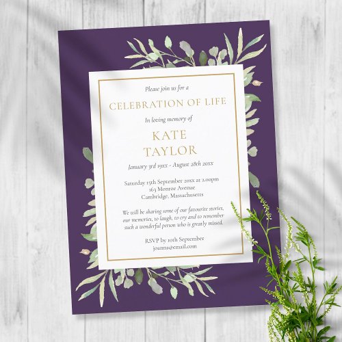 Purple Greenery Celebration of Life Invitation