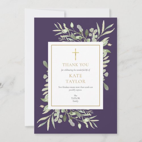 Purple Greenery Christian Funeral Memorial Thank You Card