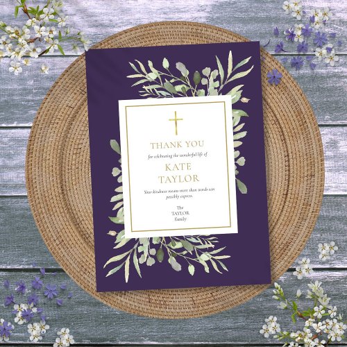 Purple Greenery Christian Funeral Memorial Thank You Card