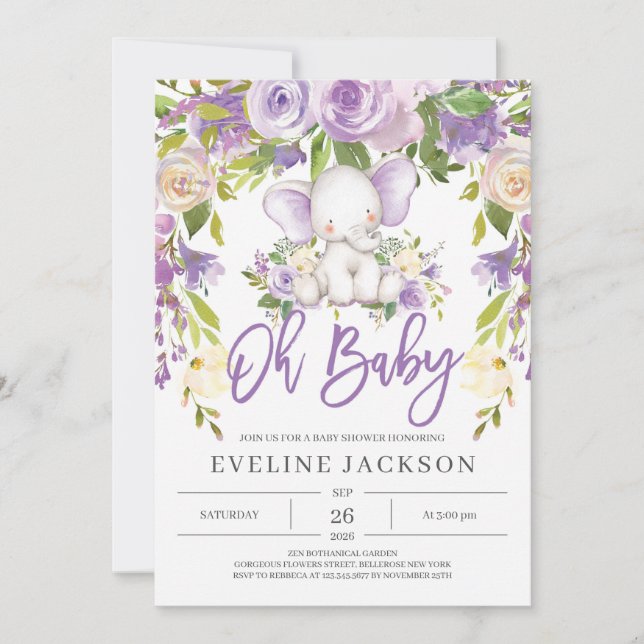 Purple greenery cute elephant oh baby shower invitation (Front)