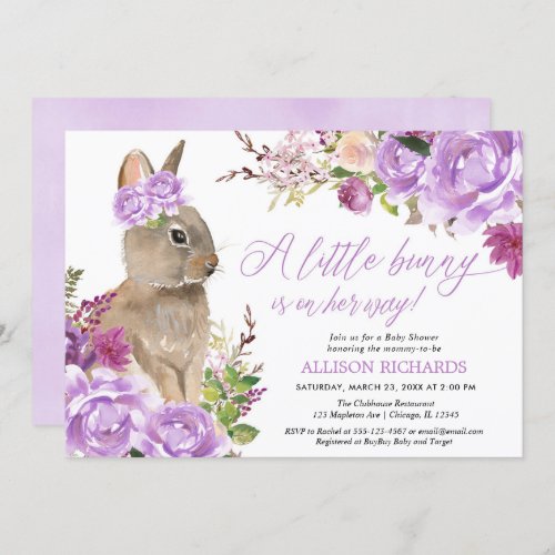 Purple greenery Easter bunny girl baby shower Invitation