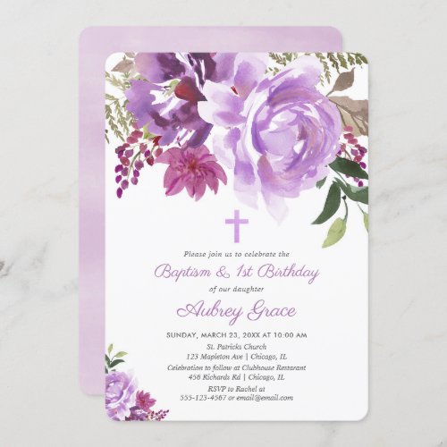 Purple greenery floral baptism 1st first birthday invitation