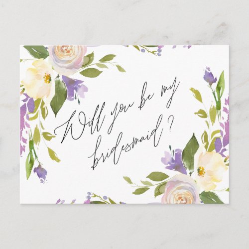 Purple Greenery Floral Be My Bridesmaid Proposal Invitation Postcard