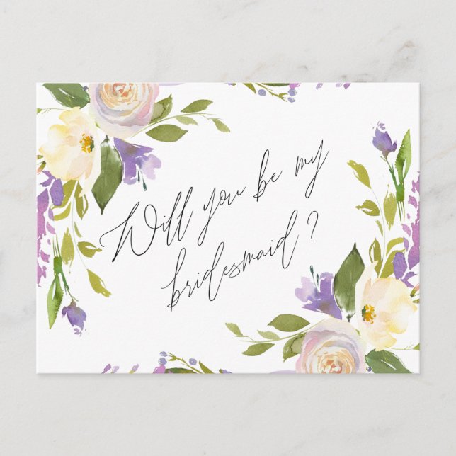 Purple Greenery Floral Be My Bridesmaid Proposal Invitation Postcard (Front)