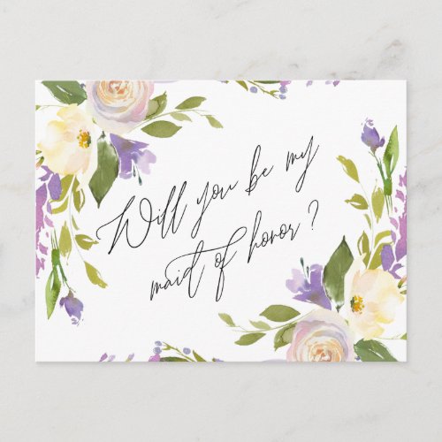 Purple Greenery Floral Be My Maid Of Honor Invitation Postcard