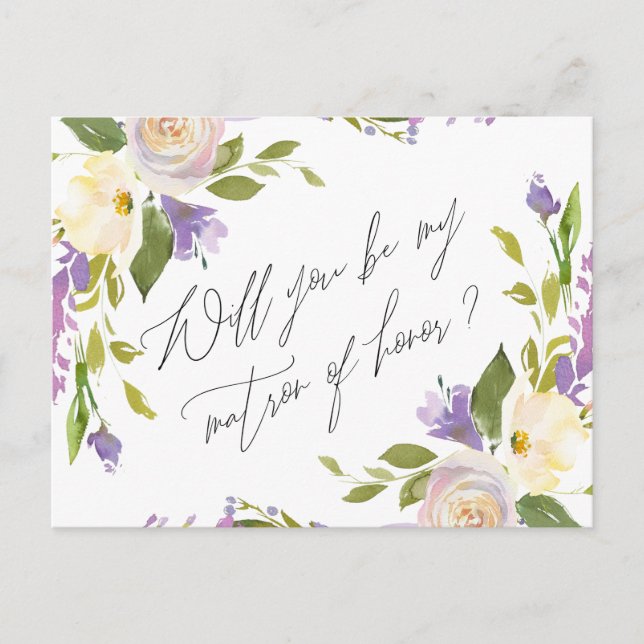 Purple Greenery Floral Be My Matron Of Honor Invitation Postcard (Front)