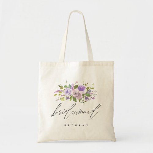 Purple Greenery Floral Bridesmaid Calligraphy Tote Bag