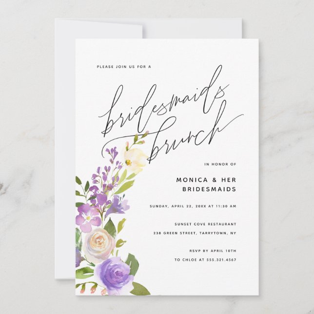 Purple Greenery Floral Bridesmaids Brunch Party Invitation (Front)