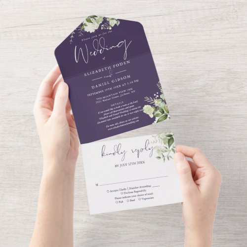 Purple Greenery Floral Details RSVP Wedding All In One Invitation