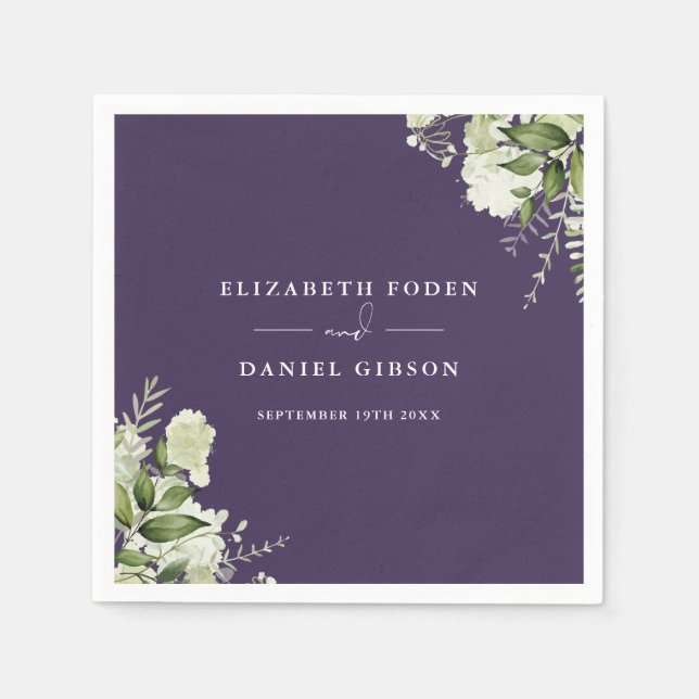 Purple Greenery Floral Elegant Names Date Napkins (Front)