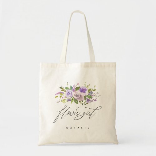 Purple Greenery Floral FLOWER GIRL Calligraphy Tote Bag