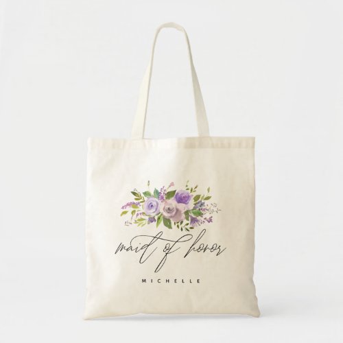 Purple Greenery Floral MAID OF HONOR Calligraphy Tote Bag