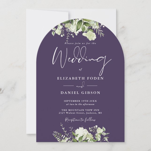 Purple Greenery Floral Monogram Wedding Arch Invitation (Front)