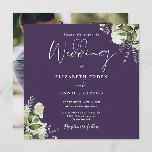 Purple Greenery Floral Photo Square Wedding  Invitation