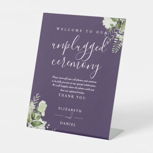 Purple Greenery Floral Unplugged Ceremony Pedestal Sign