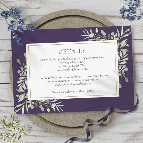 Purple Greenery Floral Wedding Details Enclosure Card