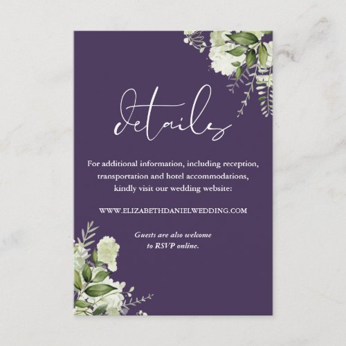 Purple Greenery Floral Wedding Details Enclosure Card