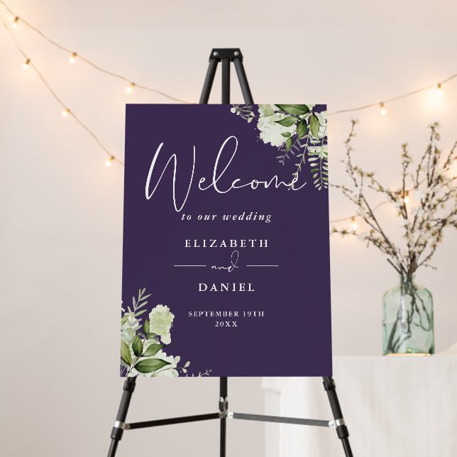 Purple Greenery Floral Wedding Welcome Sign (In Situ (Stand))