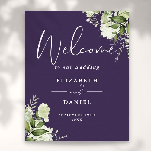 Purple Greenery Floral Wedding Welcome Sign