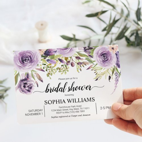 Purple  Greenery Flowers Bridal Shower Invitation