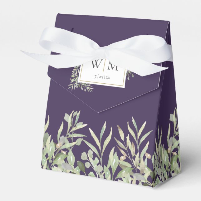 Purple Greenery Foliage Monogram Wedding Favor Boxes (Front Side)