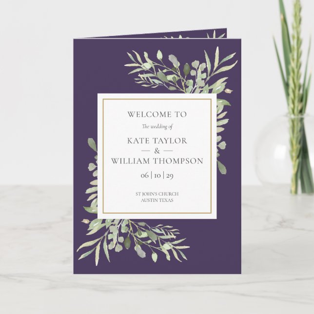 Purple Greenery Foliage Wedding Program (Front)