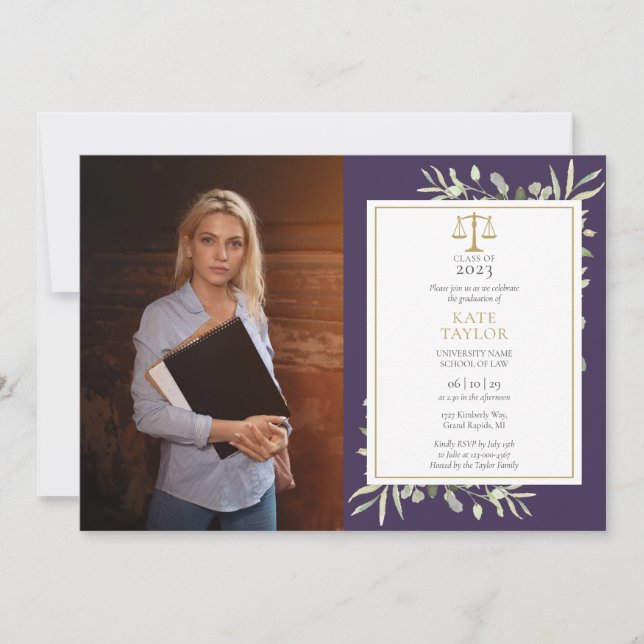 Purple Greenery Gold Law School Graduation Photo Invitation (Front)