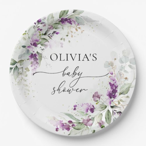 Purple Greenery Lavender Baby Shower Paper Plate