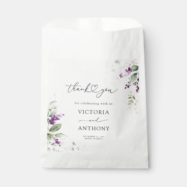 Purple Greenery Lavender Bridal Shower Favor Bags (Front)