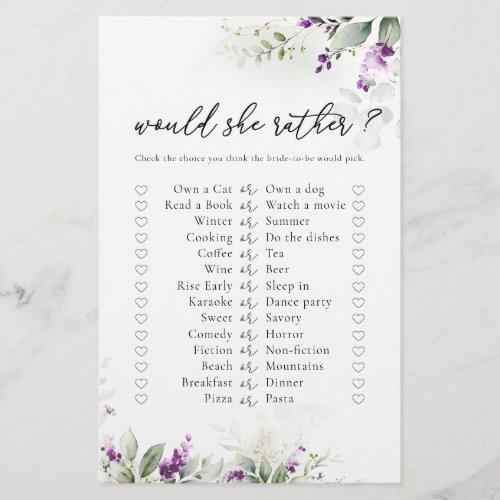 Purple Greenery Lavender Bridal Shower Game