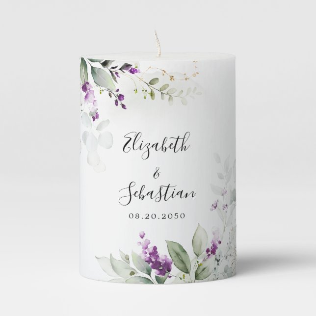 Purple Greenery Lavender Wedding Pillar Candle (Front)