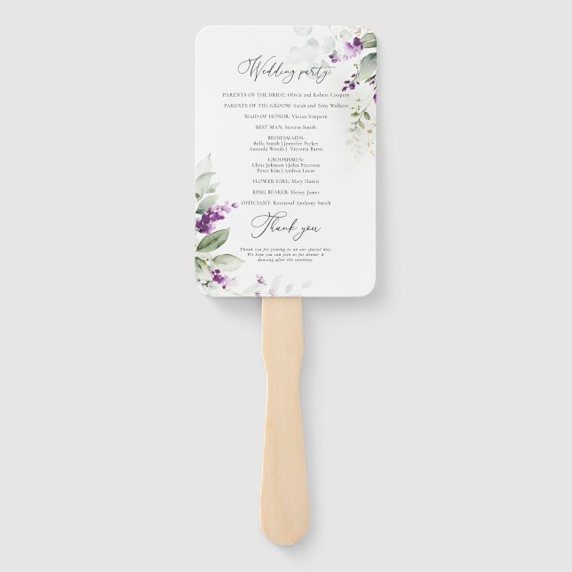 Purple Greenery Lavender Wedding Program Hand Fan (Back)