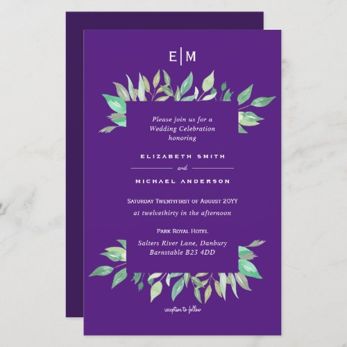 Purple Greenery Leaves Budget Wedding Invites A9
