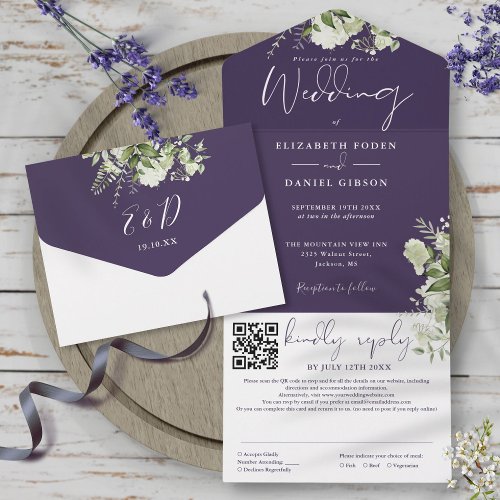 Purple Greenery Monogram QR Code Wedding All In One Invitation