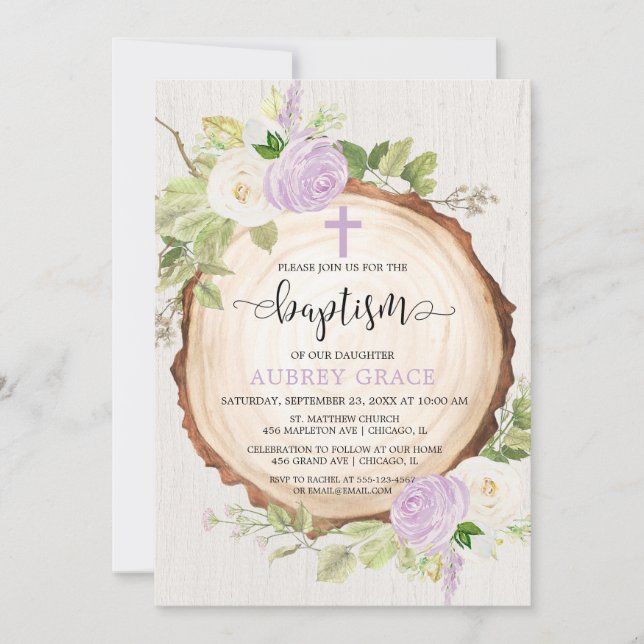 Purple greenery rustic girl baptism woodland invitation (Front)