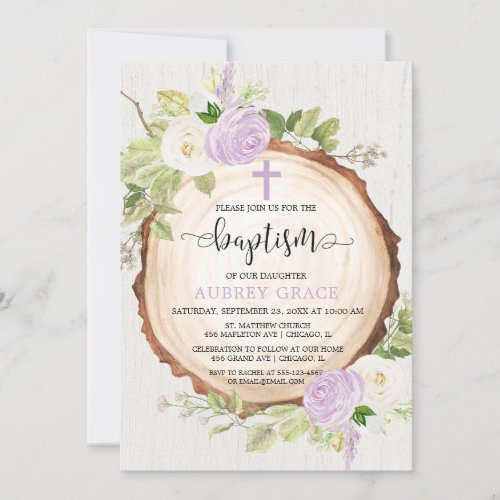 Purple greenery rustic girl baptism woodland invitation