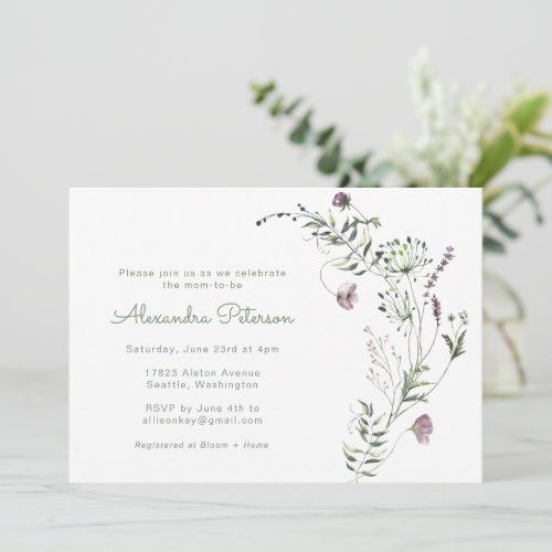 Purple Greenery Watercolor Floral Baby Shower Invitation