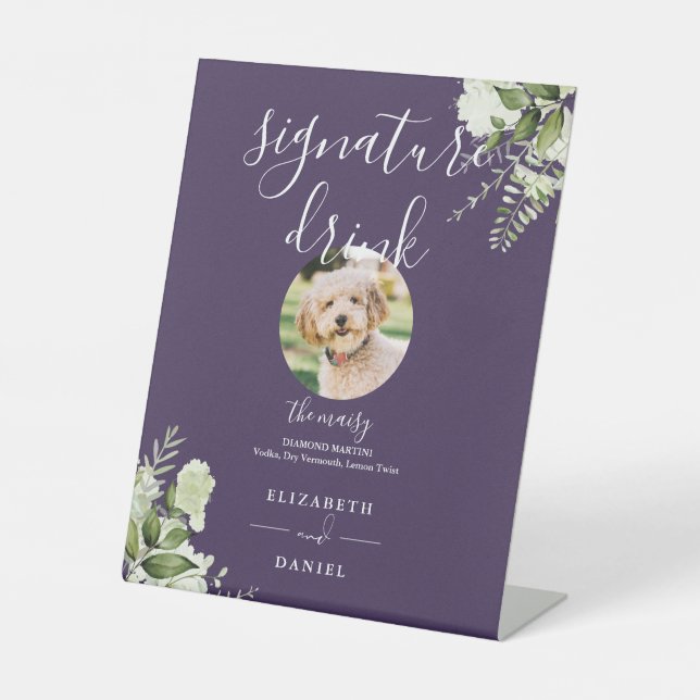 Purple Greenery Wedding Pet Signature Drink Pedestal Sign (Front)
