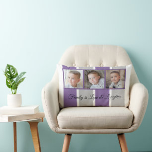 Purple grey and white photo collage family striped lumbar pillow