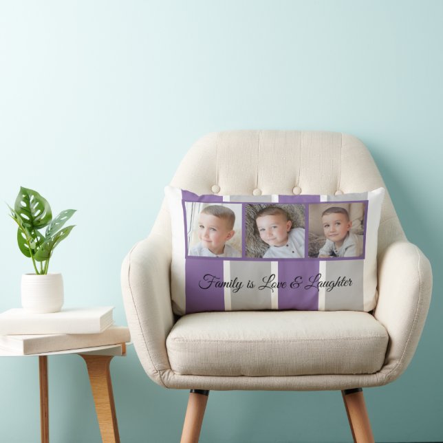 Purple grey and white photo collage family striped lumbar pillow (Chair)
